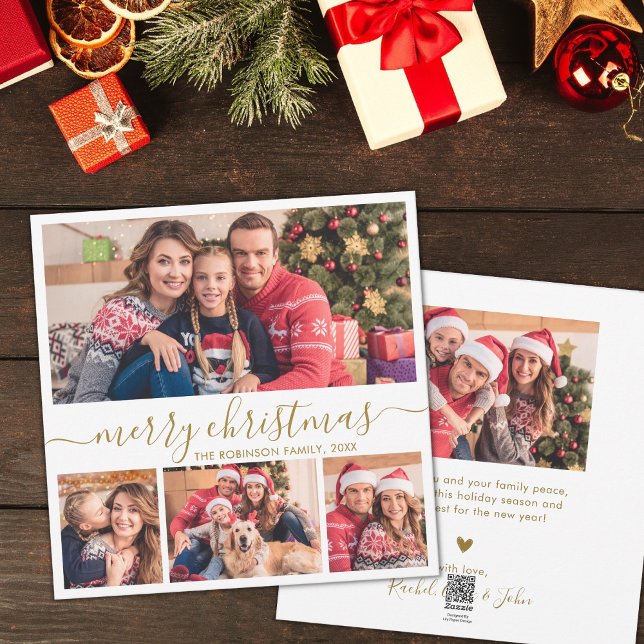 Elegant Gold Script 4 Photo Collage Christmas Holiday Card (Creator Uploaded)