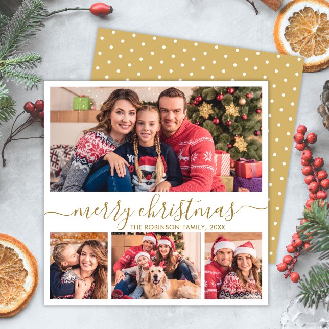 Elegant Gold Script 4 Photo Collage Christmas Holiday Card (Creator Uploaded)