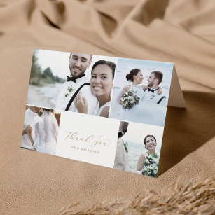 Elegant Gold Script 4 Photo Collage Folded Wedding Thank You Card