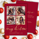 Elegant Gold Script 4 Photo Collage Red Christmas  Holiday Card<br><div class="desc">Modern Elegant Script Red and Gold One 4 Photo Collage Merry Christmas Holiday Card. This festive holiday card features a stylish whimsical ‘Merry Christmas’ greeting in elegant hand-lettered calligraphy on red background. The text is displayed in a faux gold brush script with swashes, beautifully set against a rich red background....</div>