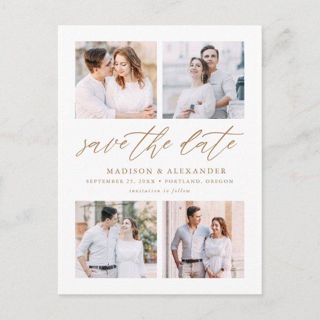 Elegant Gold Script 4 Photo Collage Save The Date Announcement Postcard (Front)