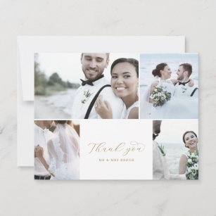 Elegant Gold Script 4 Photo Collage Wedding Thank You Card