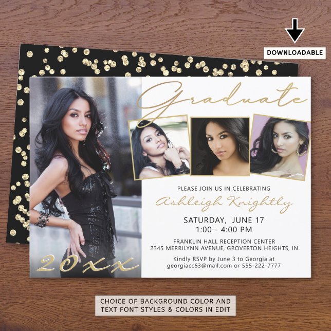 Elegant Gold Script 4 Photo Graduate Black White Invitation (Creator Uploaded)