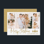 Elegant Gold Script 5 Photo Collage Christmas Card<br><div class="desc">Modern Elegant Calligraphy Script 5 Photo Collage Christmas Cards. This festive, minimalist, five (5) photo holiday greeting card features a pretty photo collage, 3 pine tree doodle, „Merry Christmas” greeting text which is written in a whimsical hand lettered signature font type in gold and white. On the reverse side snowy...</div>