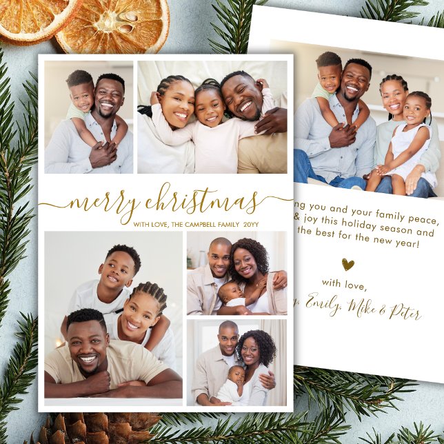 Elegant Gold Script 5 Photo Collage Christmas Holiday Card (Creator Uploaded)