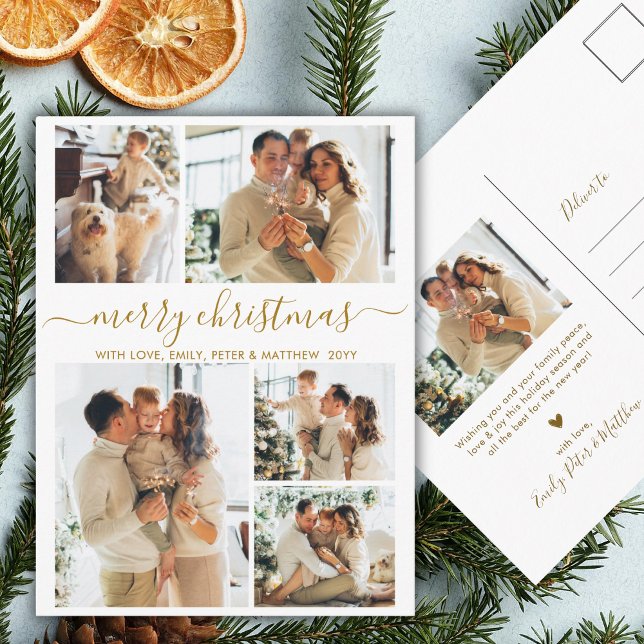 Elegant Gold Script 6 Photo Collage Christmas Postcard (Creator Uploaded)