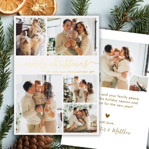 Elegant Gold Script 6 Photo Collage Christmas Real Foil Holiday Card