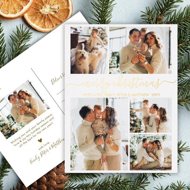 Elegant Gold Script 6 Photo Collage Christmas Real Foil Holiday Postcard (Creator Uploaded)
