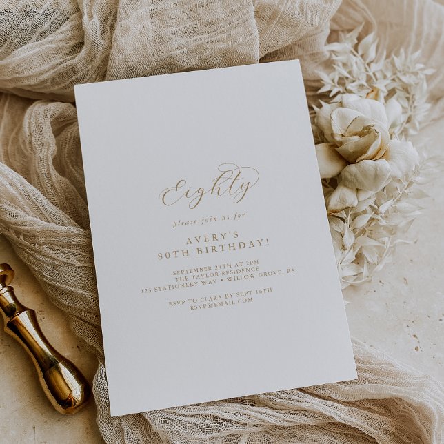 Elegant Gold Script 80th Birthday Party Invitation (Creator Uploaded)