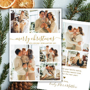 Elegant Gold Script 8 Photo Collage Christmas  Holiday Card