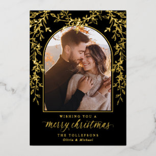 Elegant Gold Script Arch Photo Christmas Foil Holiday Card