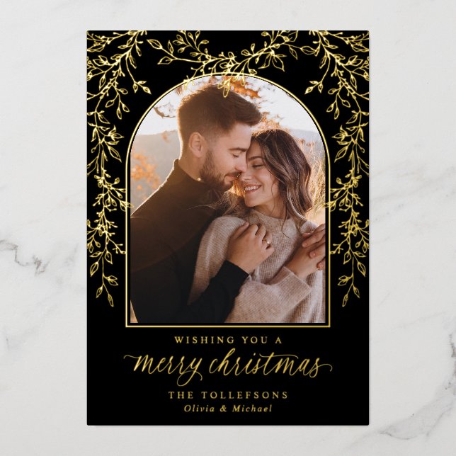Elegant Gold Script Arch Photo Christmas Foil Holiday Card (Front)