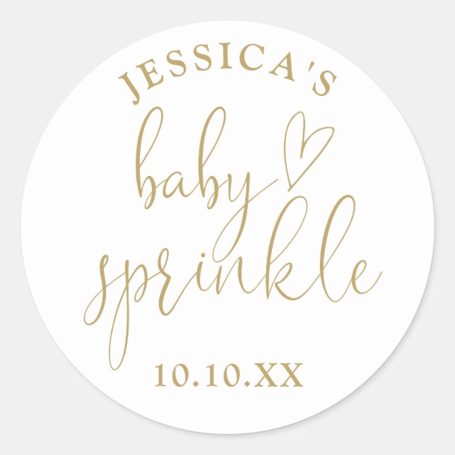 Elegant Gold Script Baby Sprinkle Shower Favour Classic Round Sticker (Front)