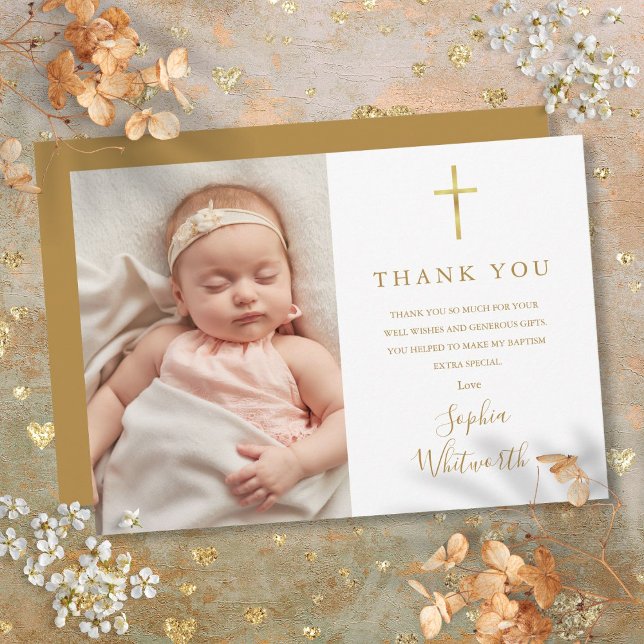Elegant Gold Script Baptism Christening Photo Thank You Card (Elegant Gold Script Baptism Christening Photo Thank You Card)