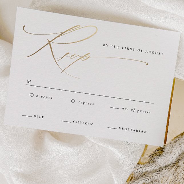 Elegant Gold Script Black and White Wedding RSVP Card (Elegant gold script wedding rsvp cards.)