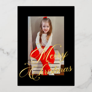 Elegant Gold Script Black Frame Photo Foil Holiday Card