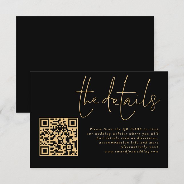 Elegant Gold Script Black QR Code Wedding Details Enclosure Card (Front/Back)