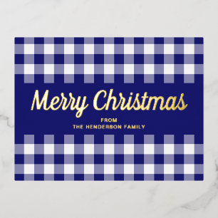 Elegant Gold Script Blue Gingham Merry Christmas Foil Holiday Postcard