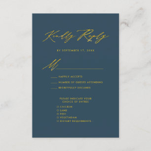 Elegant Gold Script Blue Minimalist Wedding RSVP Enclosure Card