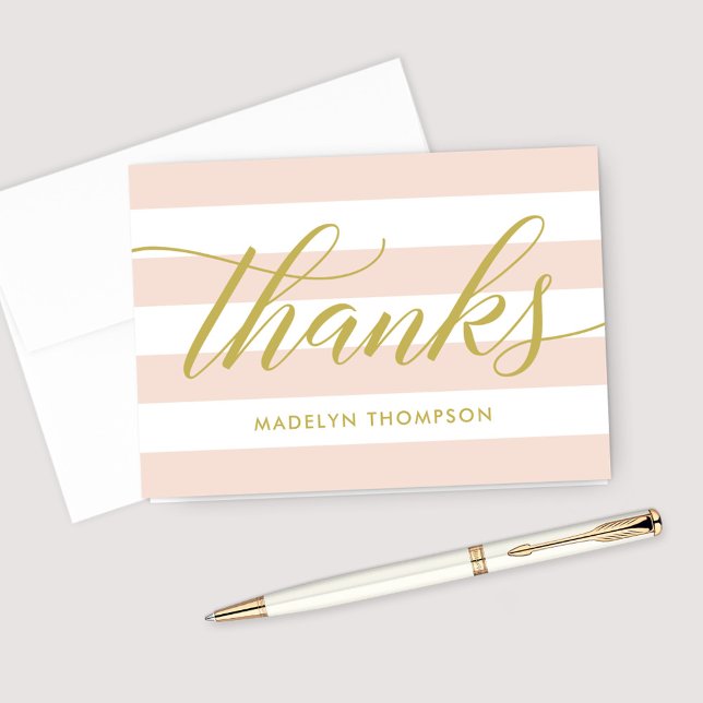 Elegant Gold Script Blush Pink Stripes Thank You Card (Creator Uploaded)