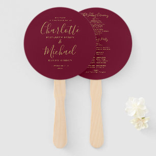 Elegant Gold Script Burgundy Wedding Program Hand Fan