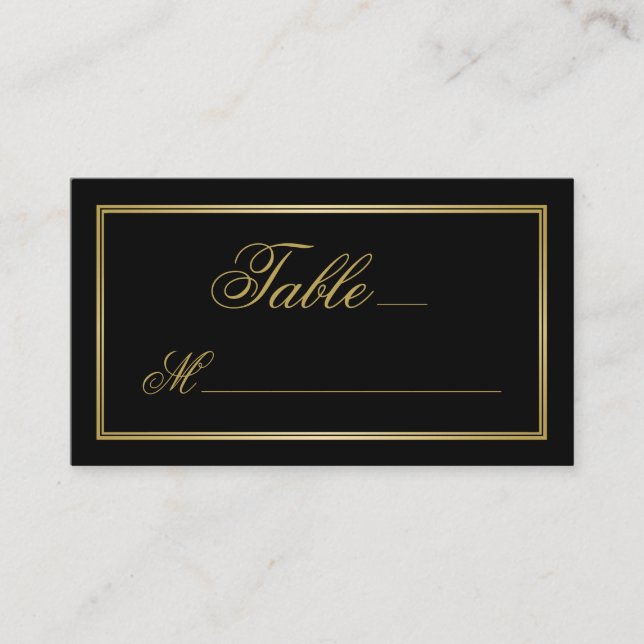 Elegant Gold Script Calligraphy on Black Wedding Place Card (Front)