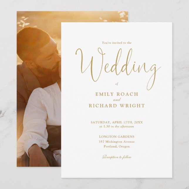 Elegant Gold Script Calligraphy Photo Wedding Invitation (Front/Back)