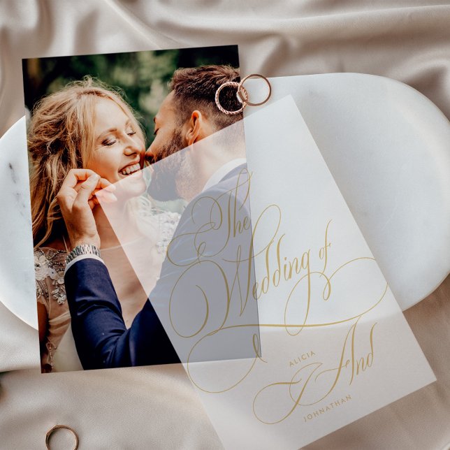 Elegant gold script calligraphy wedding overlay vellum invitations (Creator Uploaded)