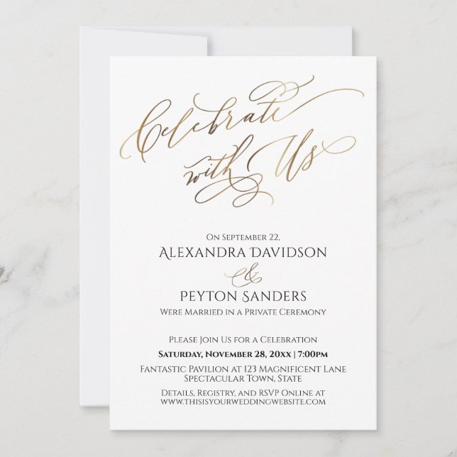 Elegant Gold Script Celebrate with Us Reception Invitation (Front)