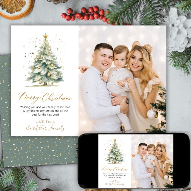 Elegant Gold Script Christmas Tree One Photo  Holiday Card (Creator Uploaded)