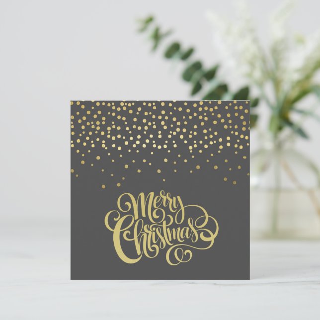 Elegant Gold Script & Confetti Black Christmas Holiday Card (Standing Front)