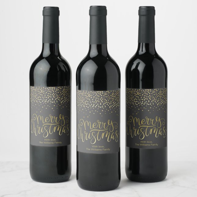 Elegant Gold Script & Confetti Black Christmas Wine Label (Bottles)