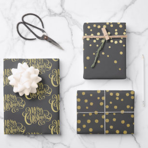 Elegant Gold Script & Confetti Black Christmas Wra Wrapping Paper Sheet