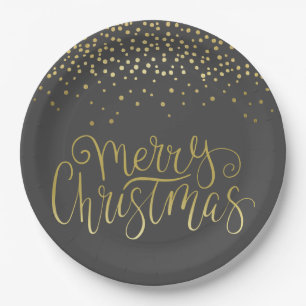 Elegant Gold Script & Confetti Glamourous Paper Plate