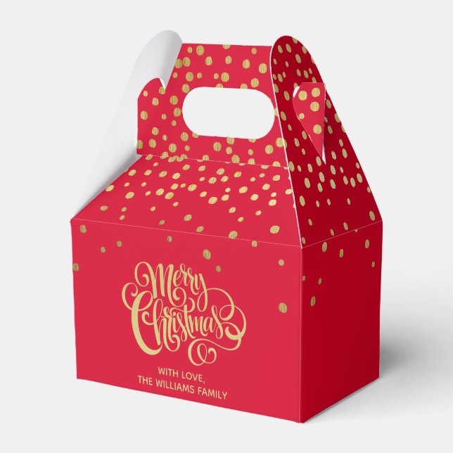 Elegant Gold Script & Confetti Red Christmas  Favour Box (Front Side)