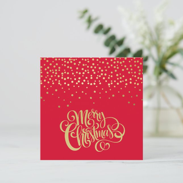 Elegant Gold Script & Confetti Red Christmas Holiday Card (Standing Front)