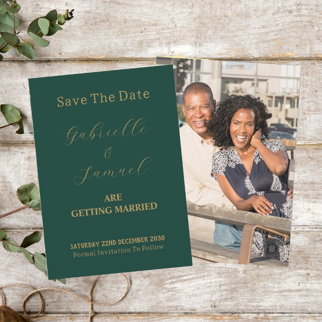 Elegant Gold Script Couple Photo Green Save The Date (Front And Back)