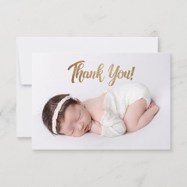 Elegant Gold Script Custom Baby Girl Photo Thank You Card (Front)