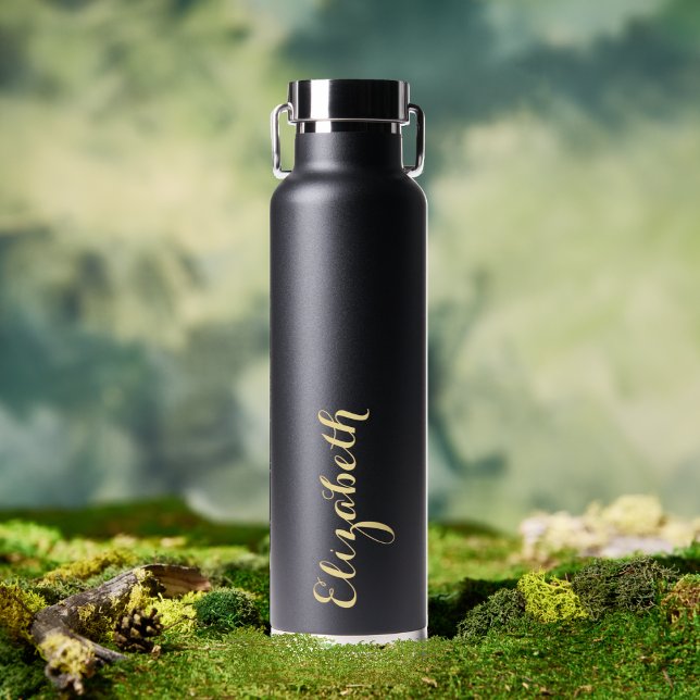 Elegant Gold Script Custom Name Monogrammed Black Water Bottle (Elegant Gold Script Custom Name Monogrammed Black Water Bottle)