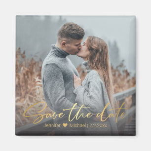 Elegant Gold Script Custom Photo Save the Date Magnet