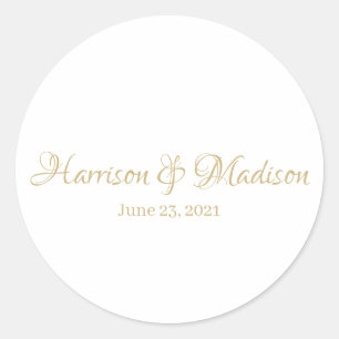 Elegant gold script custom Wedding favours Classic Round Sticker