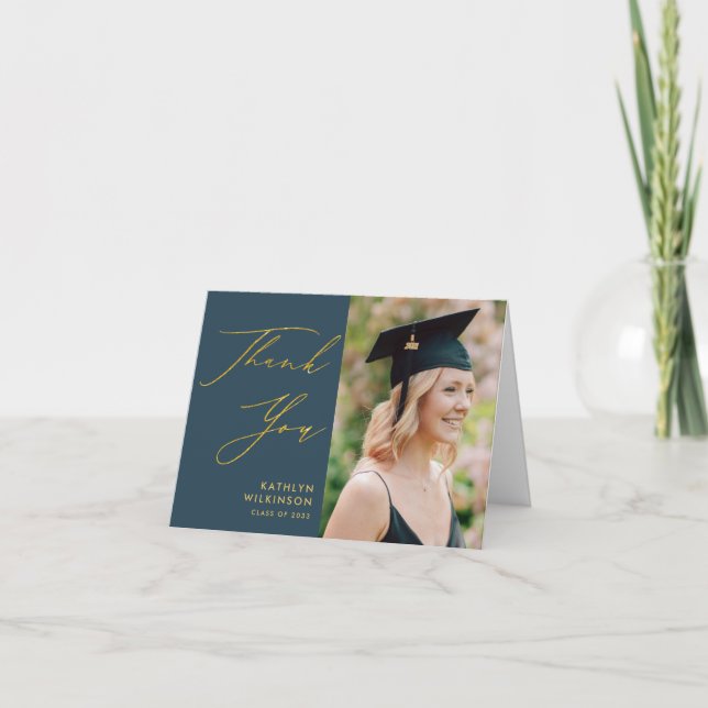 Elegant Gold Script Dusty Blue Simple Graduation Thank You Card (Front)