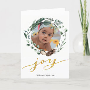 Elegant Gold Script Eucalyptus Foliage Greenery Holiday Card