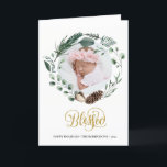 Elegant Gold Script Eucalyptus Foliage Greenery Holiday Card<br><div class="desc">Send holiday wishes and greetings to friends, colleagues and family in simple, cute, chic, elegant and modern photo design festive, natural nature colour style folded holiday cards! A beautiful wreath frame of assorted soft green painted watercolor leaves ( pine tree, eucalyptus, fern ) featuring pretty brown pine cones and ivory...</div>