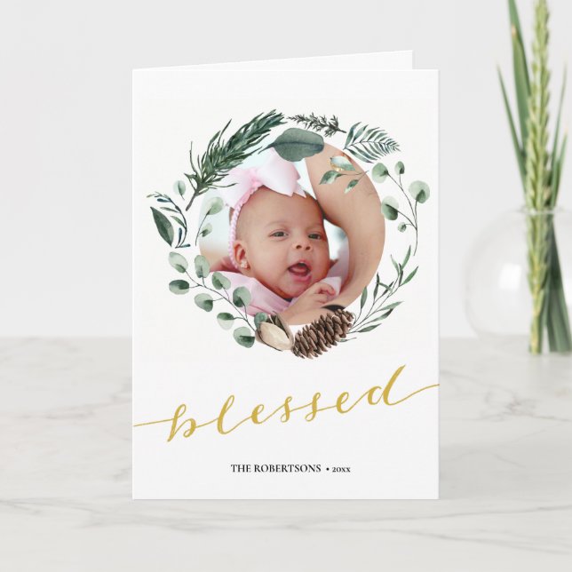 Elegant Gold Script Eucalyptus Foliage Greenery Holiday Card (Front)