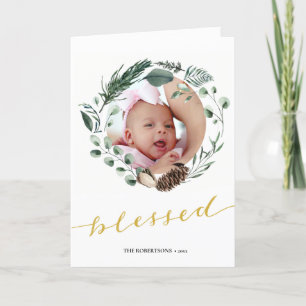 Elegant Gold Script Eucalyptus Foliage Greenery Holiday Card