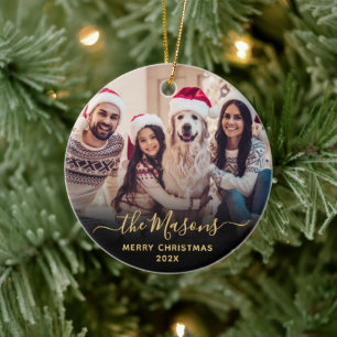 Elegant Gold Script Family Photo Merry Christmas Ceramic Ornament