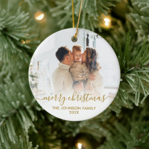 Elegant Gold Script Family Photo Merry Christmas Ceramic Ornament