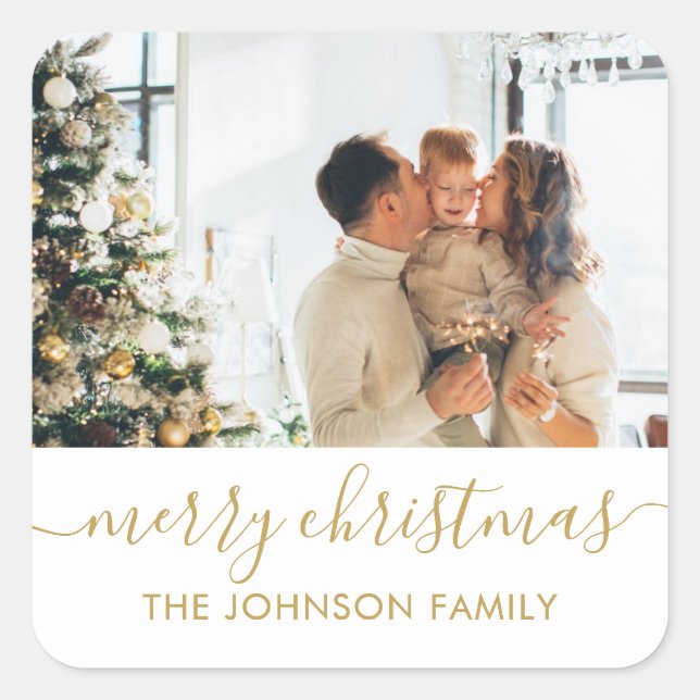 Elegant Gold Script Family Photo Merry Christmas Square Sticker (Front)