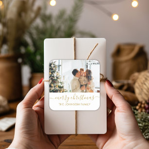 Elegant Gold Script Family Photo Merry Christmas  Square Sticker